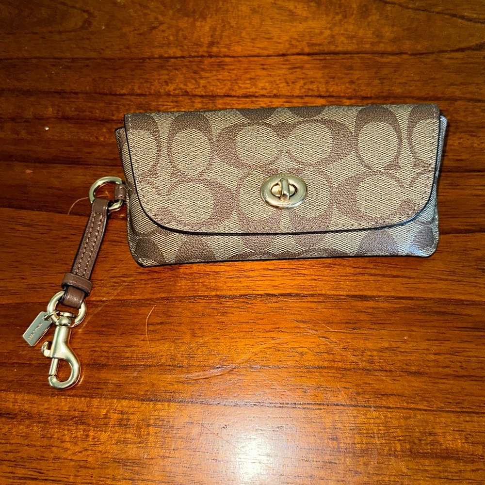 Coach glasses case, tan monogrammed canvas and gold hardware, like new